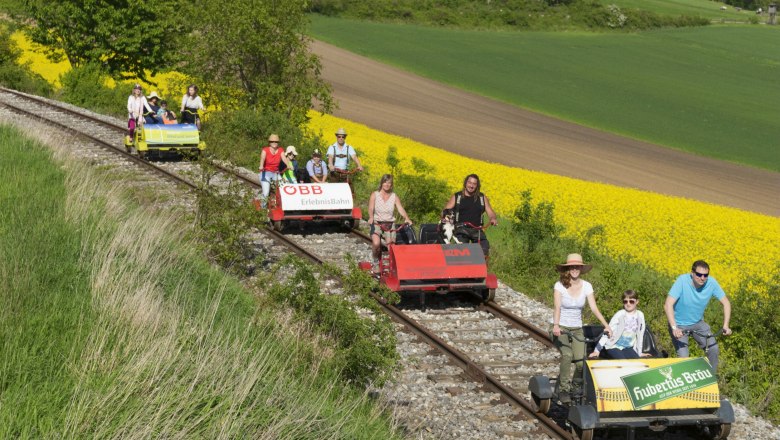 Weinvierteldraisine, © Weinvierteldraisine Menschen fahren auf Draisinen durch eine ländliche Landschaft mit gelben Rapsfeldern.